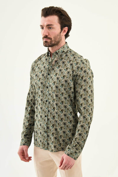 Men’s Khaki Floral Patterned Summer Shirt - Image 2