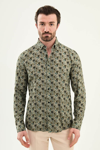 Men’s Khaki Floral Patterned Summer Shirt