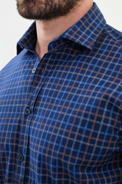 Men's Navy Blue Brown Grid Pattern Shirt. - Image 2