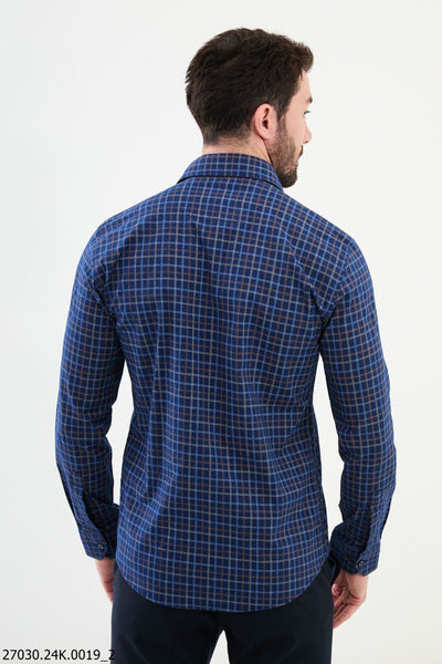 Men's Navy Blue Brown Grid Pattern Shirt. - Image 3