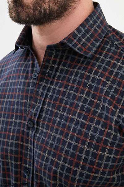 Men's Navy Blue Brown Grid Pattern Shirt. - Image 2