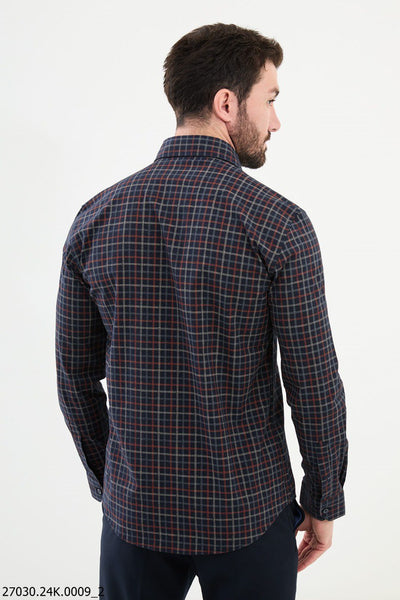 Men's Navy Blue Brown Grid Pattern Shirt. - Image 3