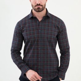 Men's Navy Blue Brown Grid Pattern Shirt.