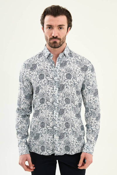 Men’s Navy Blue Patterned Slim-Fit Shirt