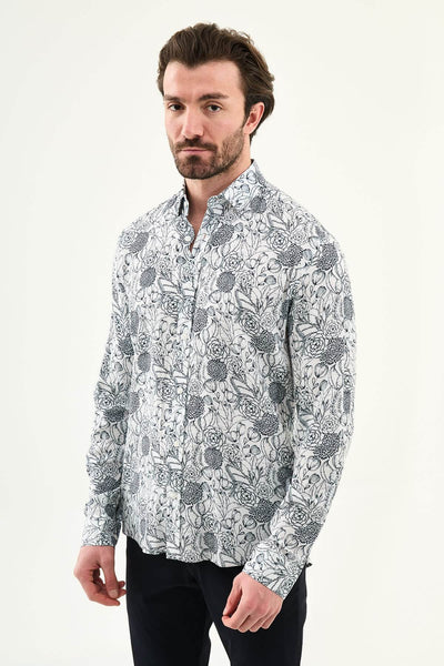 Men’s Navy Blue Patterned Slim-Fit Shirt - Image 2