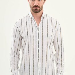 Men’s White-Brown Patterned Long Sleeve Shirt