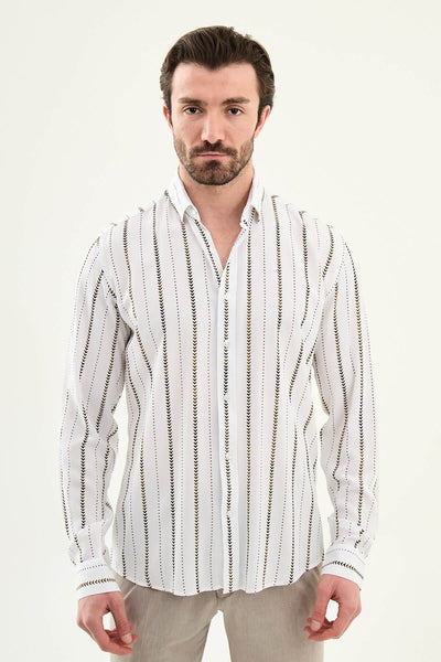 Men’s White-Brown Patterned Long Sleeve Shirt