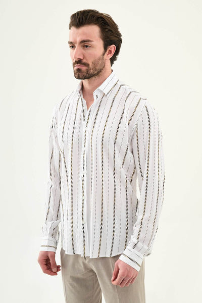 Men’s White-Brown Patterned Long Sleeve Shirt - Image 2