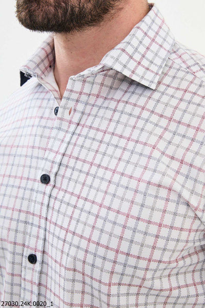 Men's White Checkered Shirt with Red and Navy Lines. - Image 2