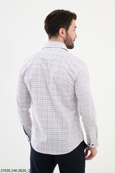 Men's White Checkered Shirt with Red and Navy Lines. - Image 3