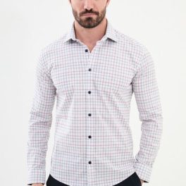 Men's White Checkered Shirt with Red and Navy Lines.