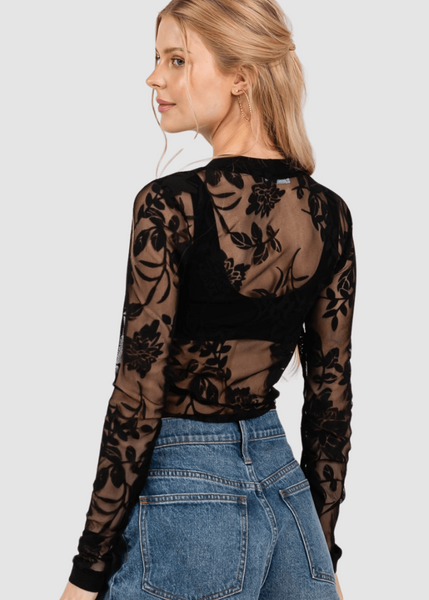Floral Lace Sheer Bodysuit in Black Made in USA - Image 2