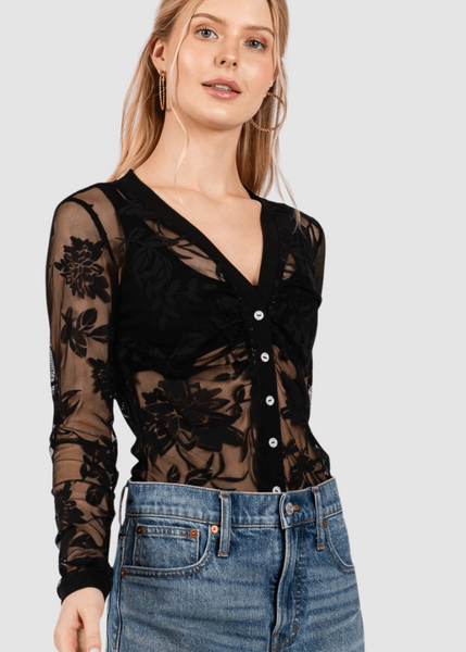 Floral Lace Sheer Bodysuit in Black Made in USA - Image 3