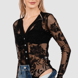 Floral Lace Sheer Bodysuit in Black Made in USA