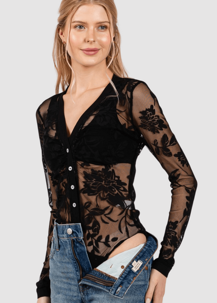 Floral Lace Sheer Bodysuit in Black Made in USA