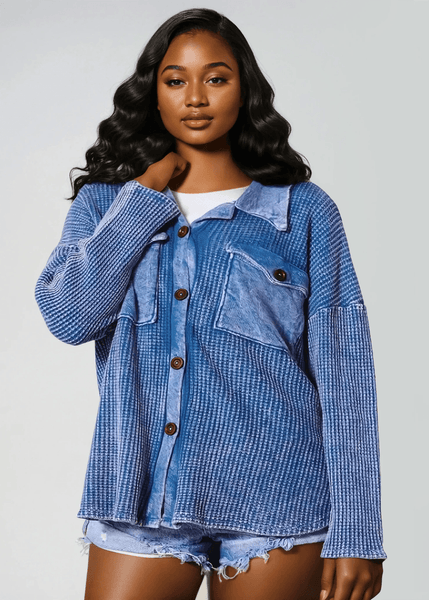 Denim Blue Plus Size Vintage Wash Cotton Shacket - CLEARANCE FINAL SALE