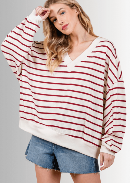 Crimson & Cream Striped Double V-Neck Top - CLEARANCE FINAL SALE - Image 4
