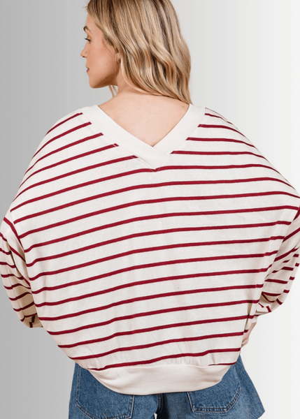Crimson & Cream Striped Double V-Neck Top - CLEARANCE FINAL SALE - Image 2