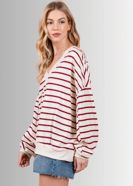 Crimson & Cream Striped Double V-Neck Top - CLEARANCE FINAL SALE - Image 3