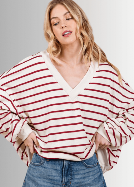 Crimson & Cream Striped Double V-Neck Top - CLEARANCE FINAL SALE - Image 5