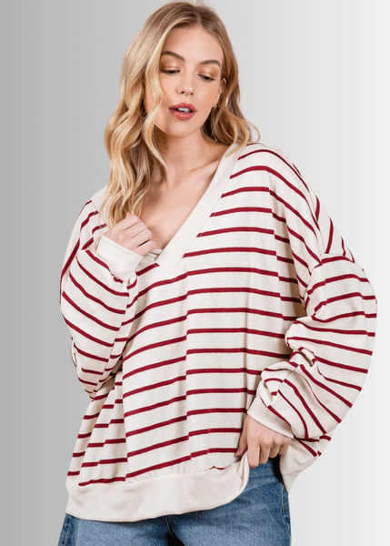 Crimson & Cream Striped Double V-Neck Top - CLEARANCE FINAL SALE