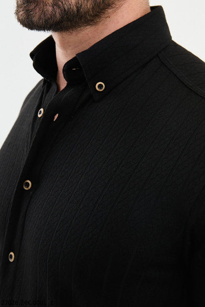 Sleek Black Textured Casual Shirt with Gold-Toned Button Accents. - Image 2