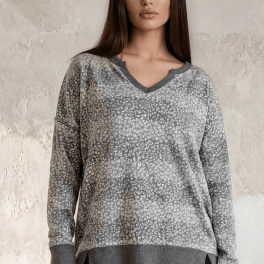 Mixed Pattern V-neck Sweater Top Plus Size in Gray