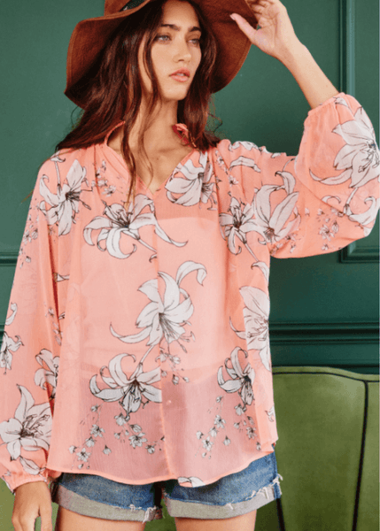 Rosalie Sheer Floral Blouse in Coral - Image 4