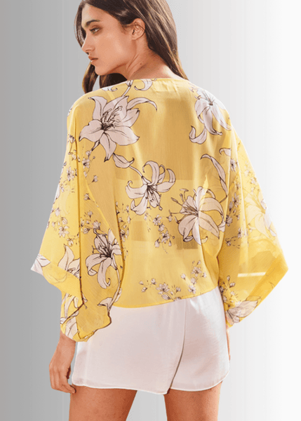 Sheer Floral Tie Front Kimono Cardigan in Yellow - Image 2