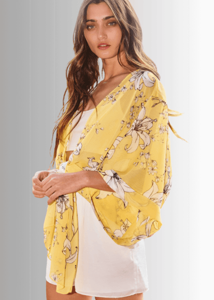 Sheer Floral Tie Front Kimono Cardigan in Yellow - Image 3