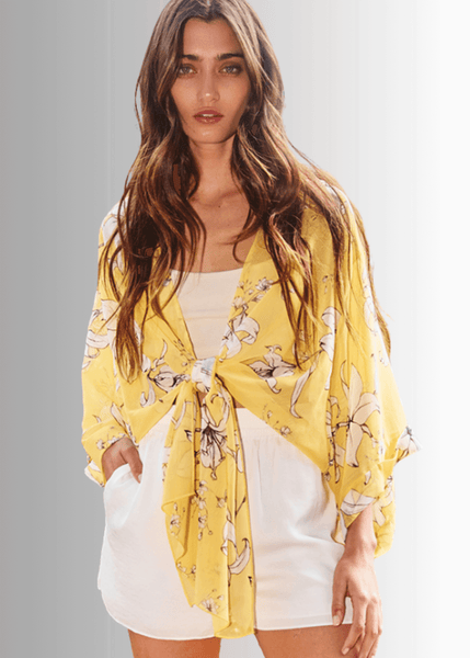 Sheer Floral Tie Front Kimono Cardigan in Yellow - Image 5
