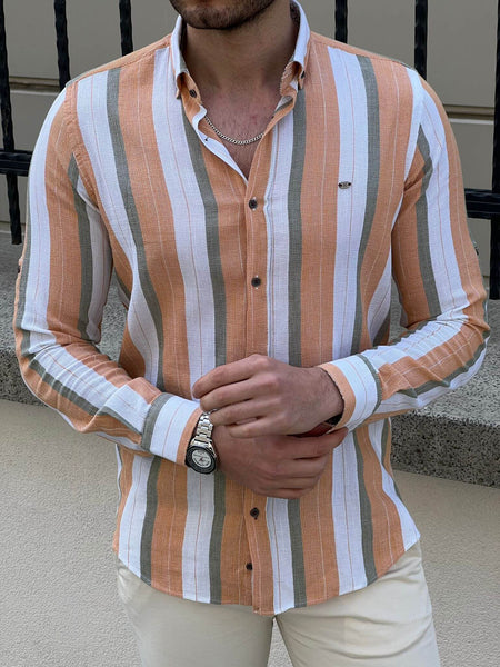 Foldable Sleeve Striped Mustard Shirt - Image 3