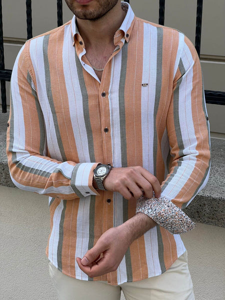 Foldable Sleeve Striped Mustard Shirt - Image 2