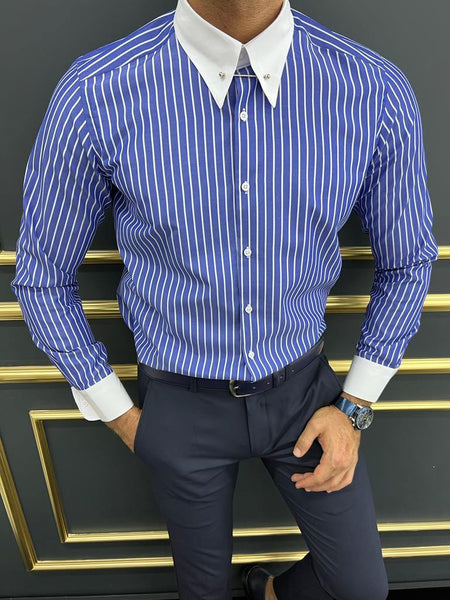 Italian Collar Blue Striped Shirt - Image 5