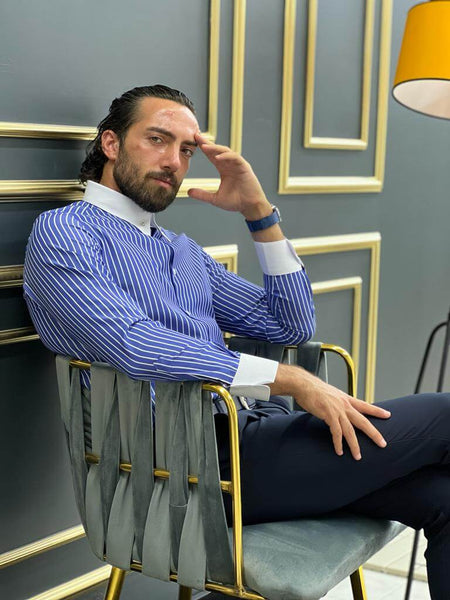 Italian Collar Blue Striped Shirt - Image 4