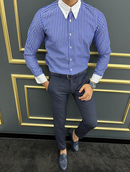 Italian Collar Blue Striped Shirt - Image 3