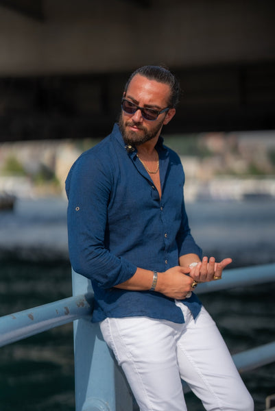 Navy Blue Linen Shirt - Image 4