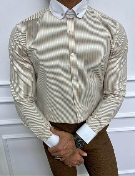 Striped Beige Long-Sleeved Shirt - Image 3