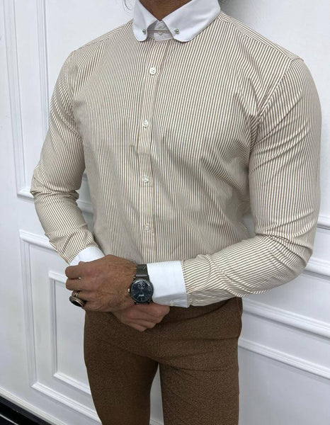Striped Beige Long-Sleeved Shirt